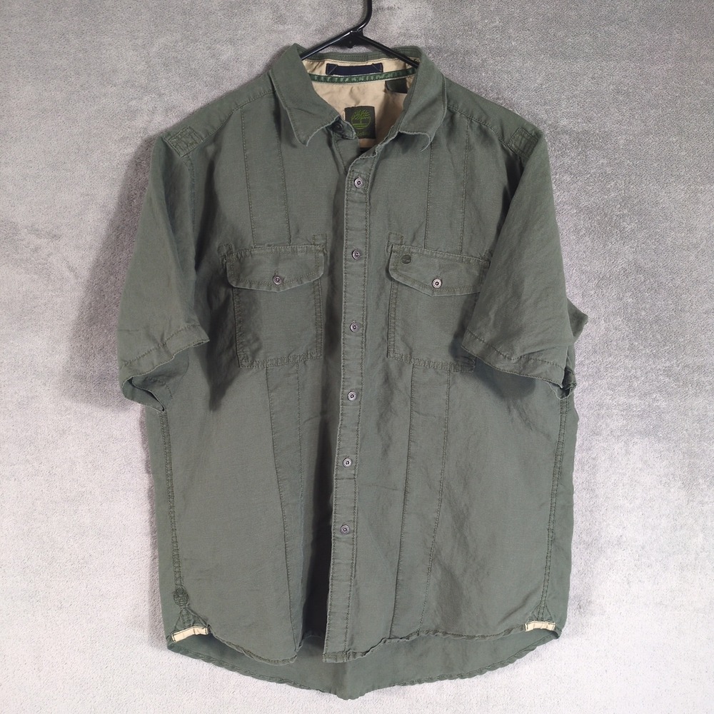 Timberland Mens Olive Green Linen Tencel‎ Short Sleeve Utility Button Shirt L
